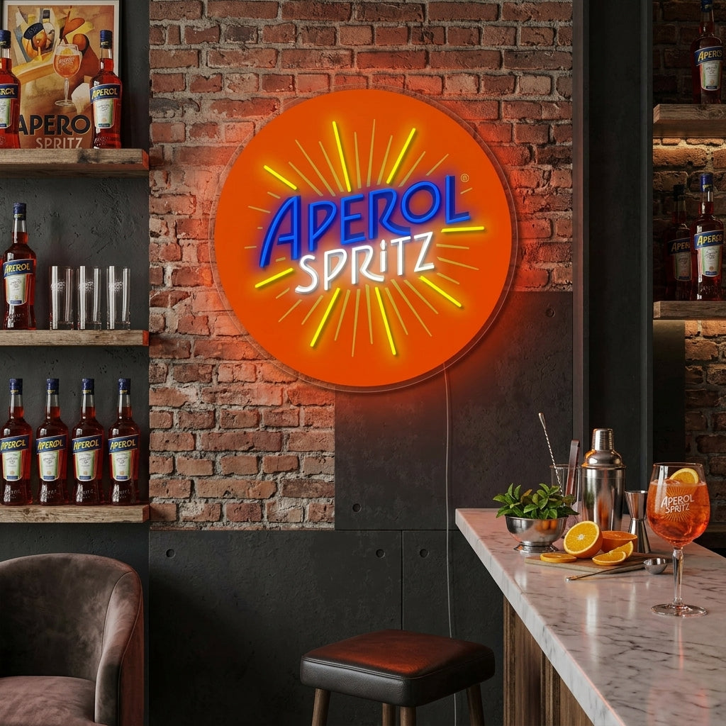 Glowing orange Aperol Spritz neon sign on a textured brick wall in a cozy bar setting.