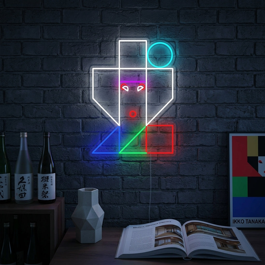 Vibrant Japanese Geisha Ikko Tanaka neon sign glowing in a minimalist room