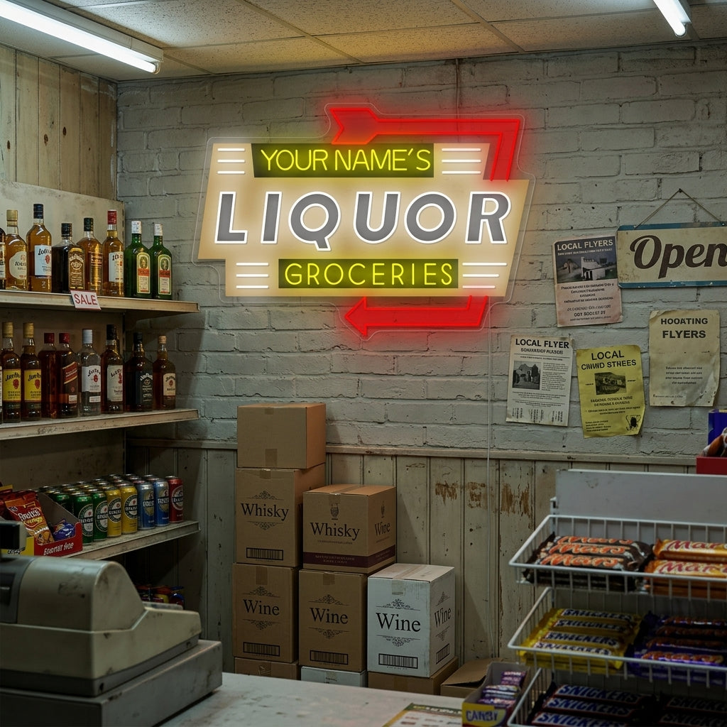 A glowing 'Custom Liquor Groceries' neon sign hangs on a brick wall, casting a warm red and blue light. The sign has retro typography and a classic decorative border.