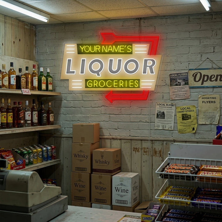 A glowing 'Custom Liquor Groceries' neon sign hangs on a brick wall, casting a warm red and blue light. The sign has retro typography and a classic decorative border.