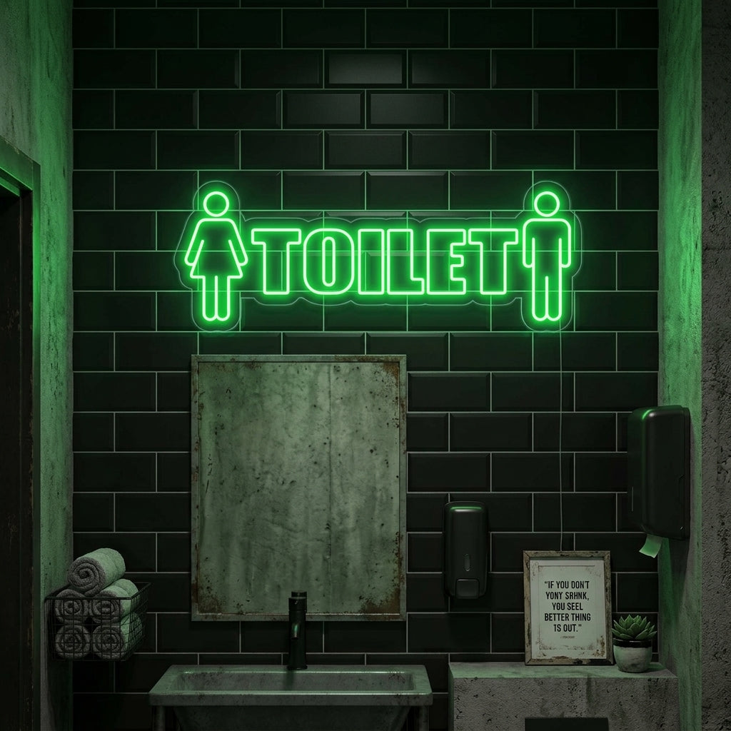 A glowing blue 'Toilet Man Woman' neon sign featuring classic restroom symbols on a rustic wooden wall above a small wash basin in a modern commercial restroom.