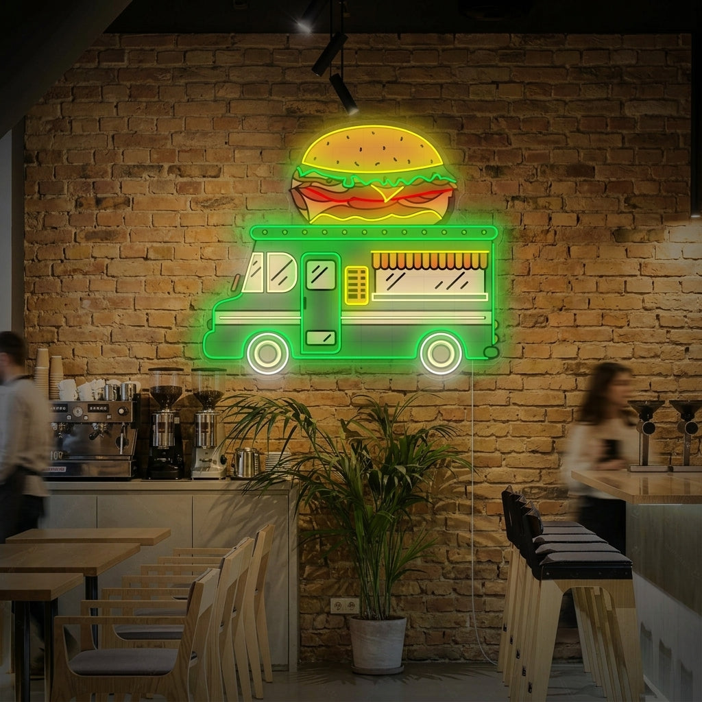 A vibrant Burger Truck neon sign glowing brightly on a textured wall, showcasing the cheerful burger-on-wheels design.