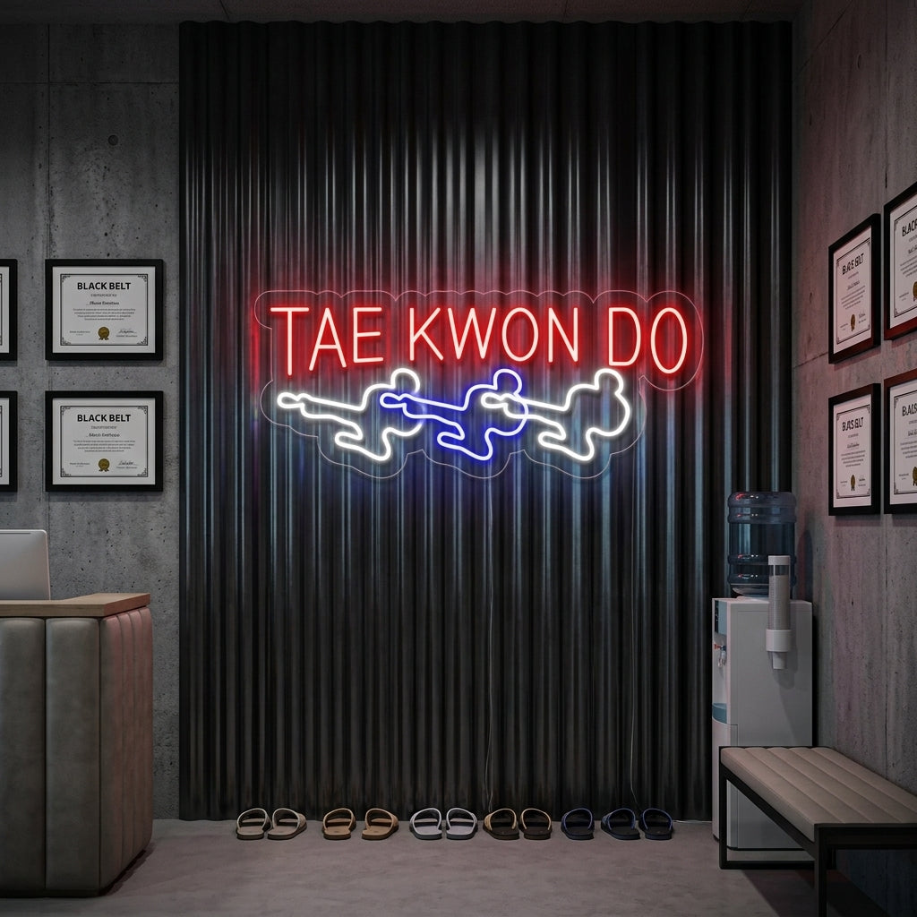 Two Taekwondo fighters sparring, depicted in a bright neon wall sign hanging on a textured wall.