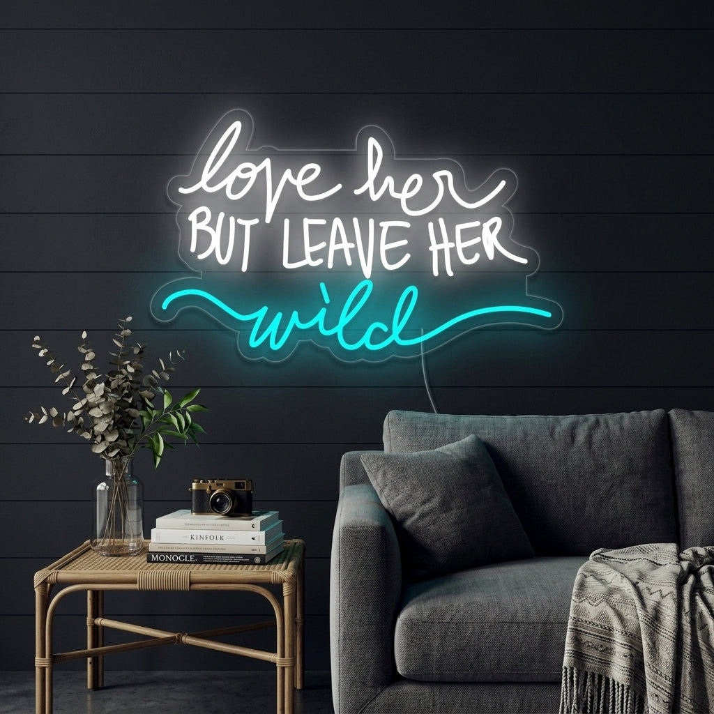 A lifestyle view of the illuminated 'Love Her But Leave Her Wild' neon sign glowing on a textured wall in a bohemian-style living room.