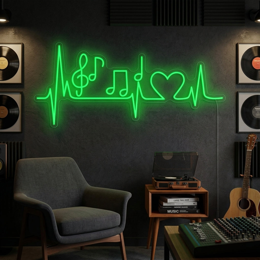 A vibrant 'Music Note Pulse Heart' neon sign with a glowing pulse line ending in music notes, mounted on a dark textured brick wall in a cozy room setting.