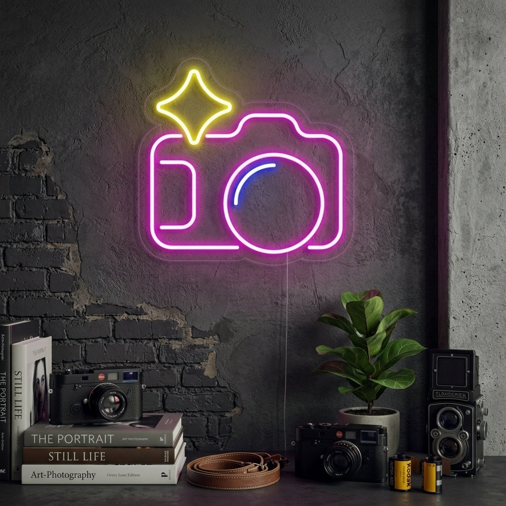 A vibrant neon sign depicting a vintage camera outline glows on a neutral wall in a stylish room.