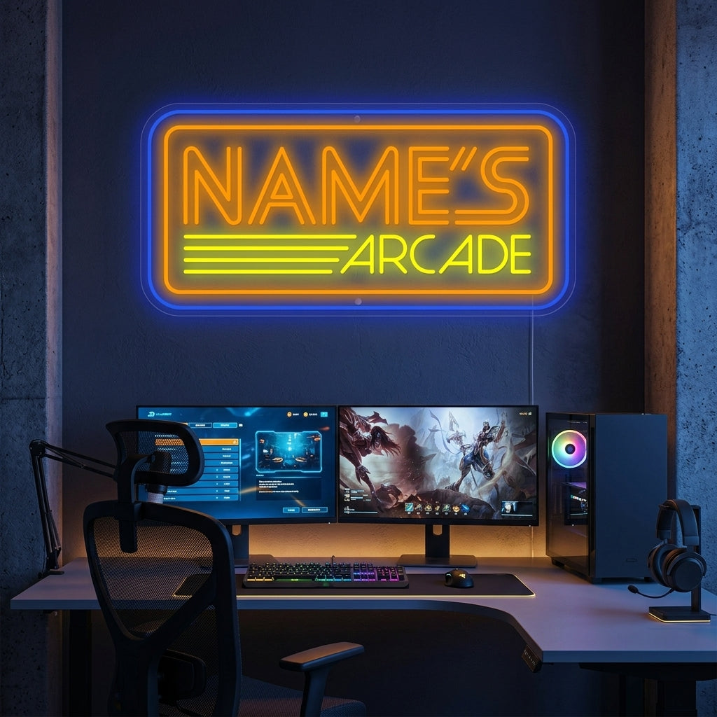 A custom arcade neon sign glowing on a wall, showing blue and red colors in a styled gaming room atmosphere.