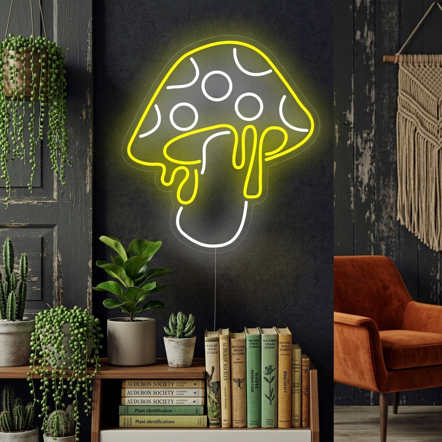 A vibrant 'Mushroom Dripping' neon sign glows on a textured wall within a styled room, casting colorful light and creating an inviting ambiance.