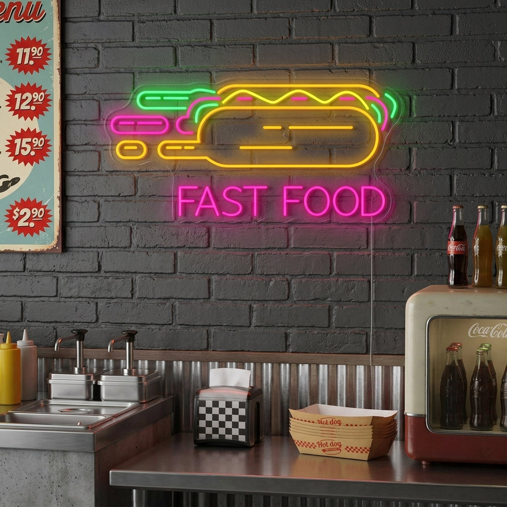 A vibrant 'Hot Dog' neon sign glowing red and yellow on a wall in a fast food restaurant, positioned above wooden tables and a counter.