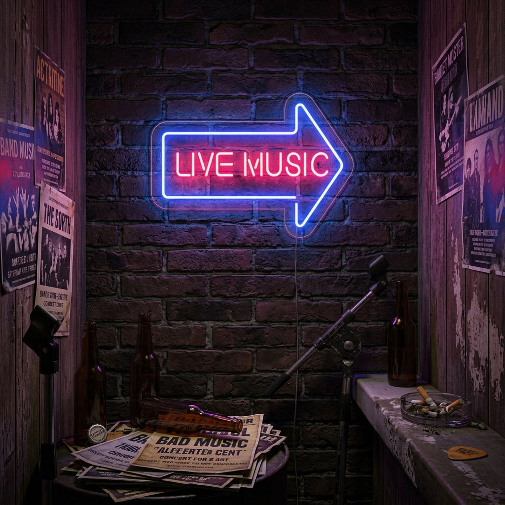 A vibrant 'Live Music' neon sign illuminates a wall in a lively bar or nightclub setting, glowing in warm orange and blue light.