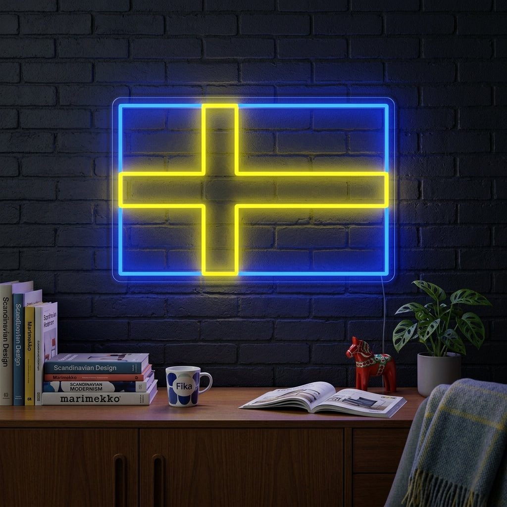 A Flag of Sweden neon sign illuminated on a textured wall in a modern living room
