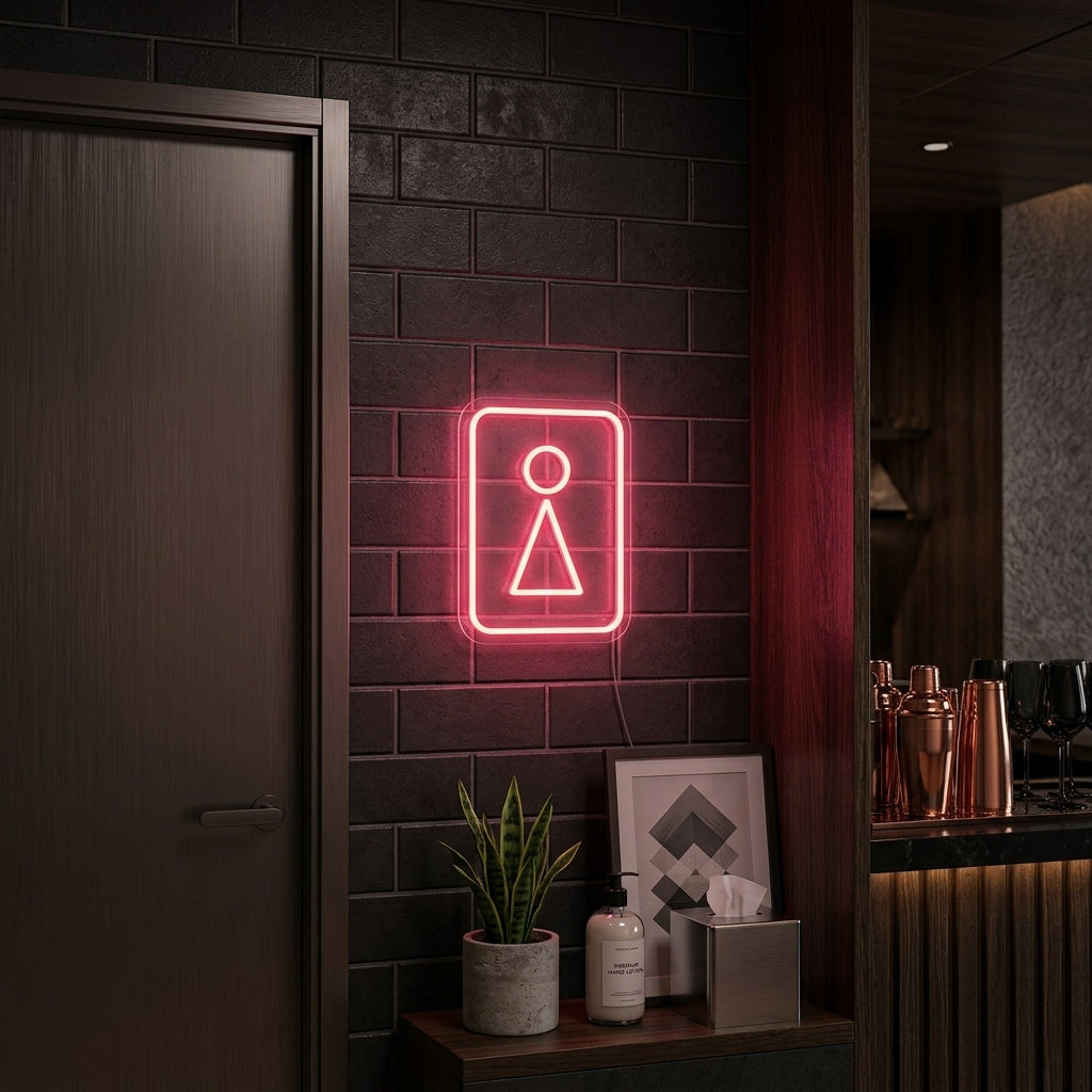 A glowing 'Toilet WC Woman Symbol' neon sign hanging on a textured dark bathroom wall, providing functional illumination and clear signage.