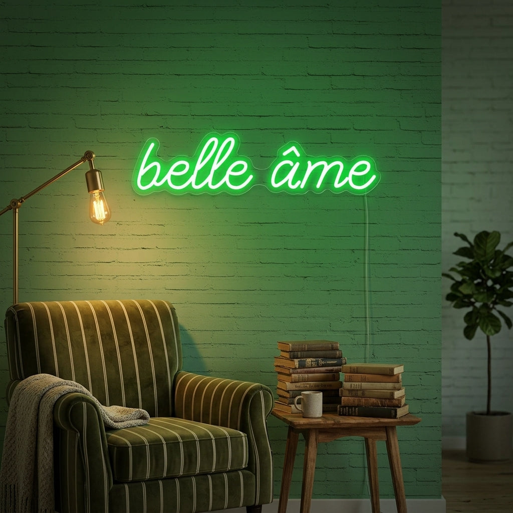 Belle ame (Beautiful soul) blue neon sign in script on a texture wall.