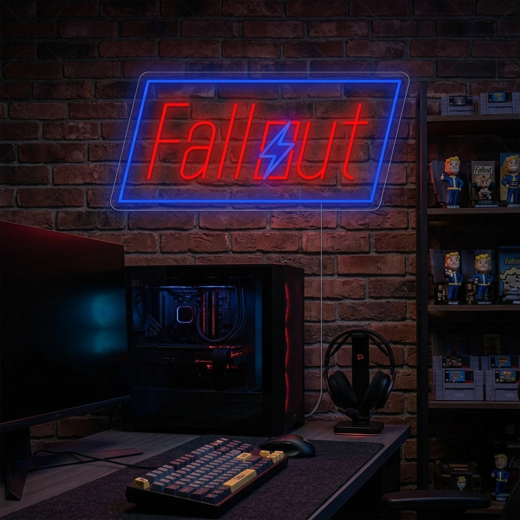 Fallout game room neon sign lit up in a cozy, dim game room setting.
