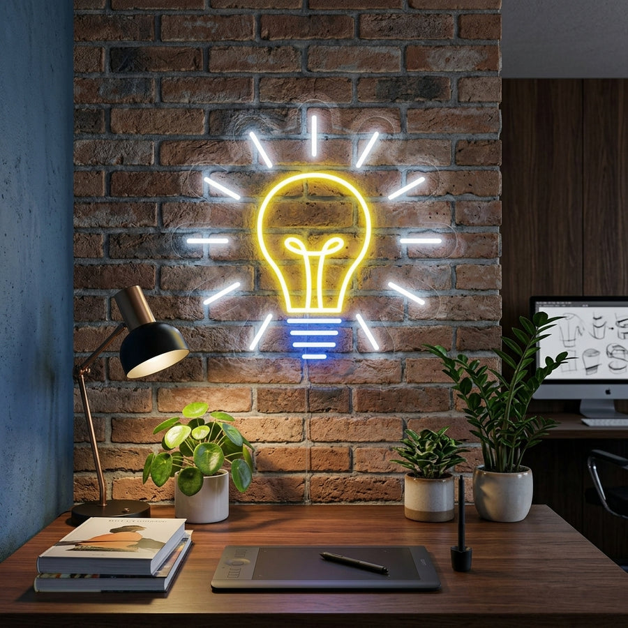 A illuminated light bulb neon sign mounted on a textured brick wall in a cozy room.