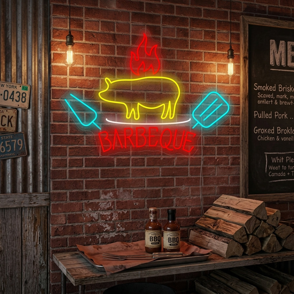 A 'Barbecue Pig' neon sign glowing on a rustic brick wall, illuminating a cozy outdoor BBQ patio setting.