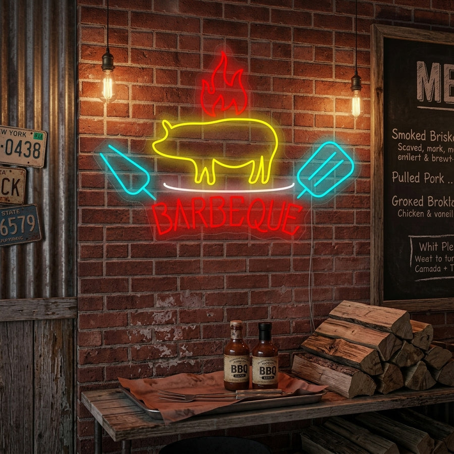 A 'Barbecue Pig' neon sign glowing on a rustic brick wall, illuminating a cozy outdoor BBQ patio setting.