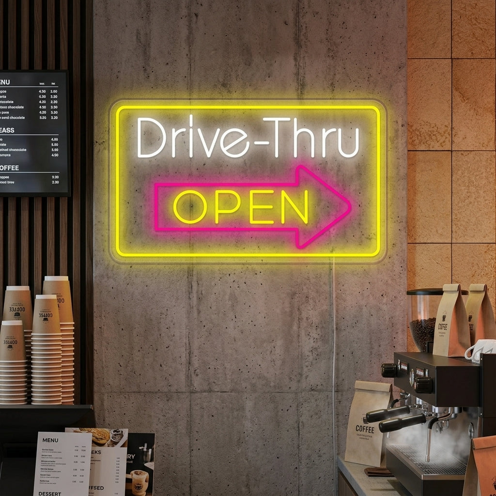 A close-up photograph of a vibrant, illuminated 'Drive Thru Open' neon sign glowing red, mounted on a dark brick wall next to a drive-thru pick-up window during the daytime.