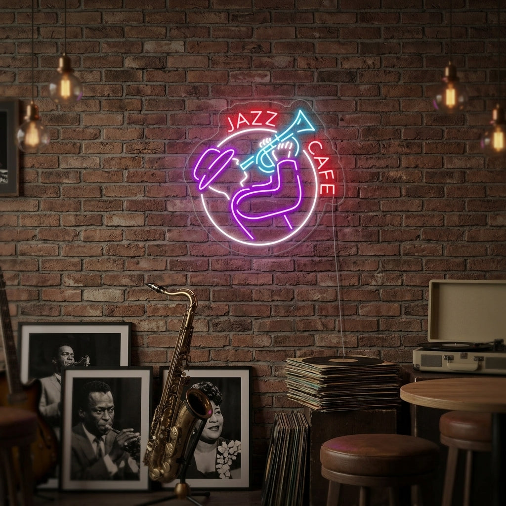 A vibrant 'Jazz Cafe' neon sign glowing in blue and orange script with a saxophone graphic, displayed on a textured brick wall in a dim lounge area.