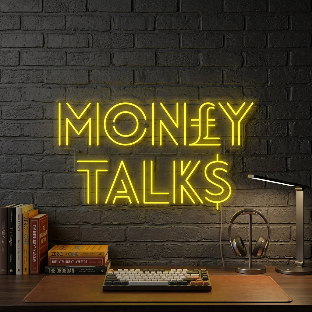 A lifestyle shot of the "Money Talks" neon sign glowing brightly on a brick wall in a modern office setting.