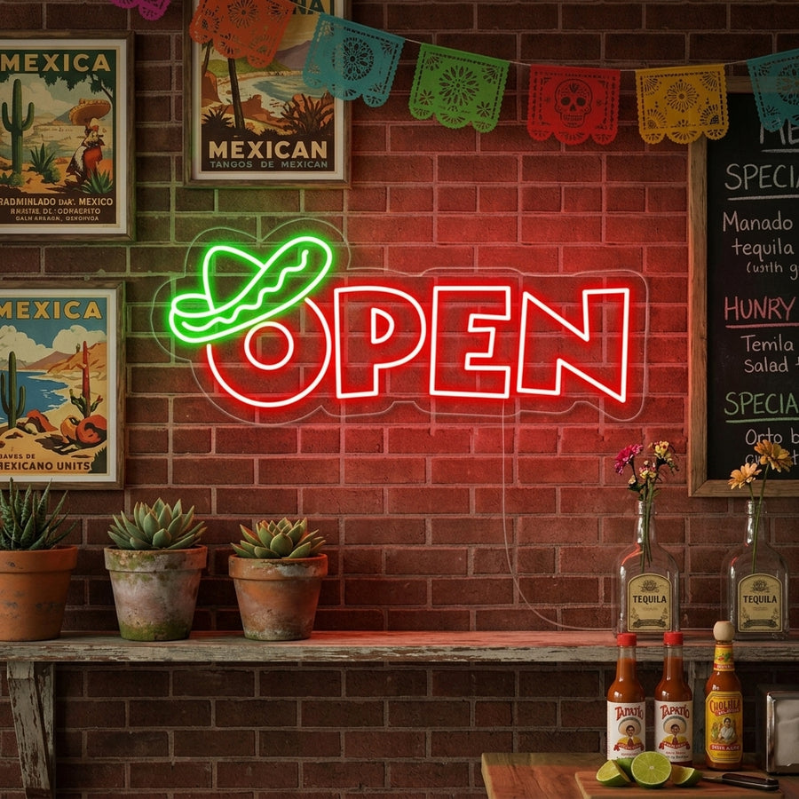 Vibrant neon sign glowing in a Mexican restaurant window, spelling out 'OPEN' with stylized lettering.