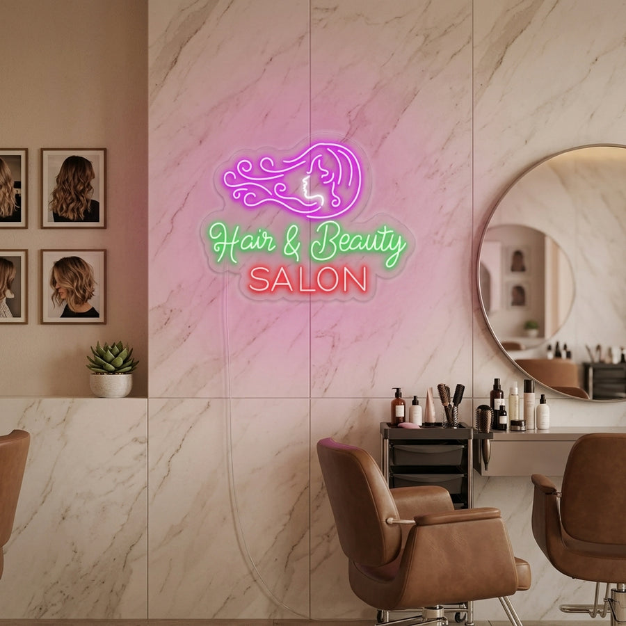 Illuminated 'Hair Salon' neon sign glowing brightly within a modern lifestyle setting.