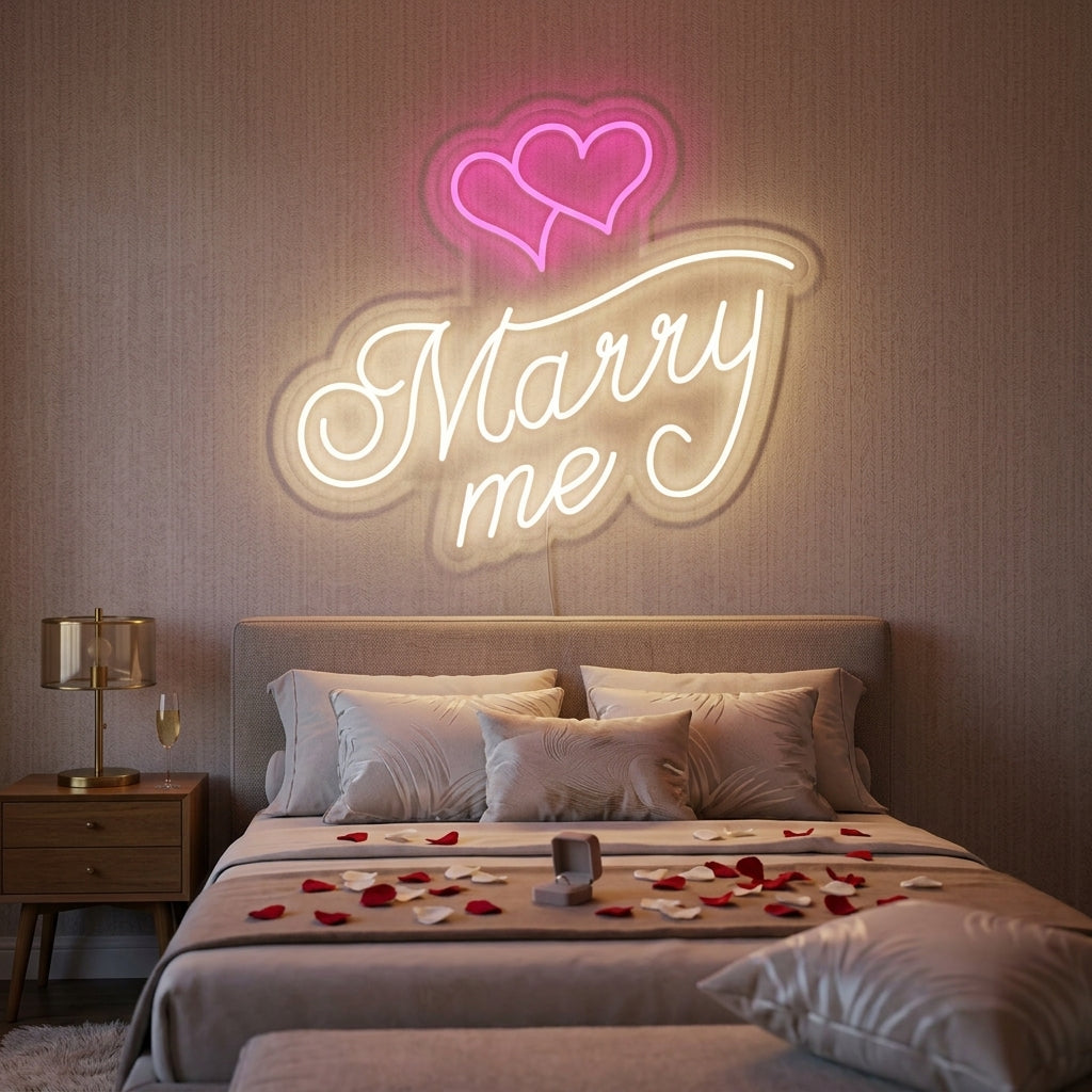 Intertwined glowing neon hearts with "MARRY ME" text above a bed in a romantic room.