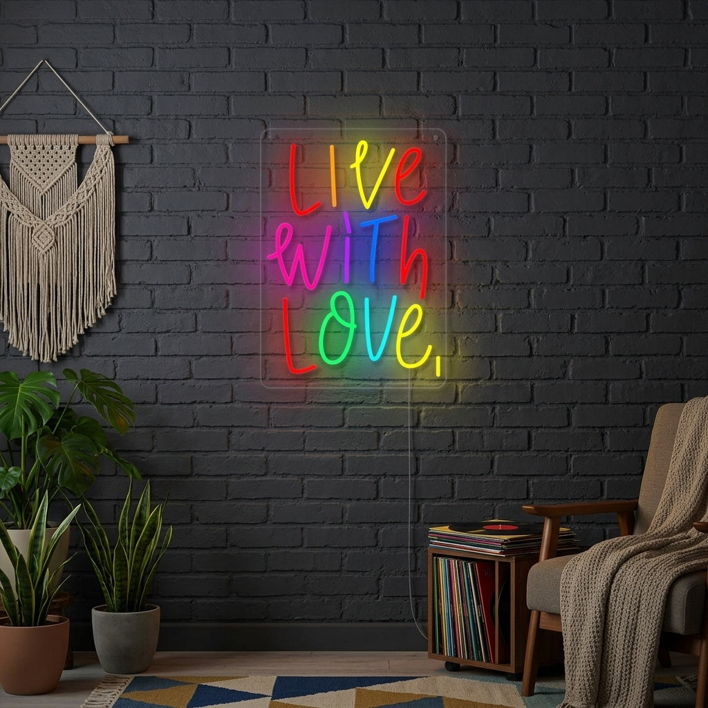 A glowing pink 'Live With Love' neon sign in script font, mounted on a rustic wooden wall above a white sofa with pillows, creating a warm ambiance.