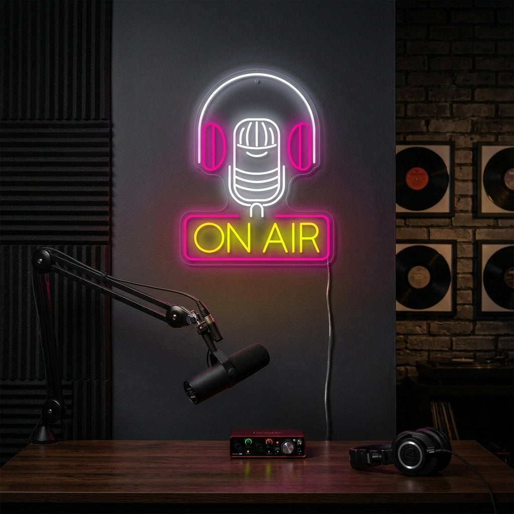 "On Air" neon sign glowing brightly in a cozy recording studio environment.