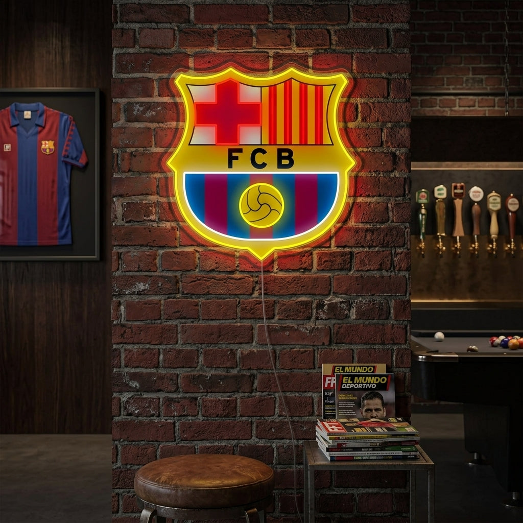 FC Barcelona neon sign glowing brightly on a textured wall in a modern living room