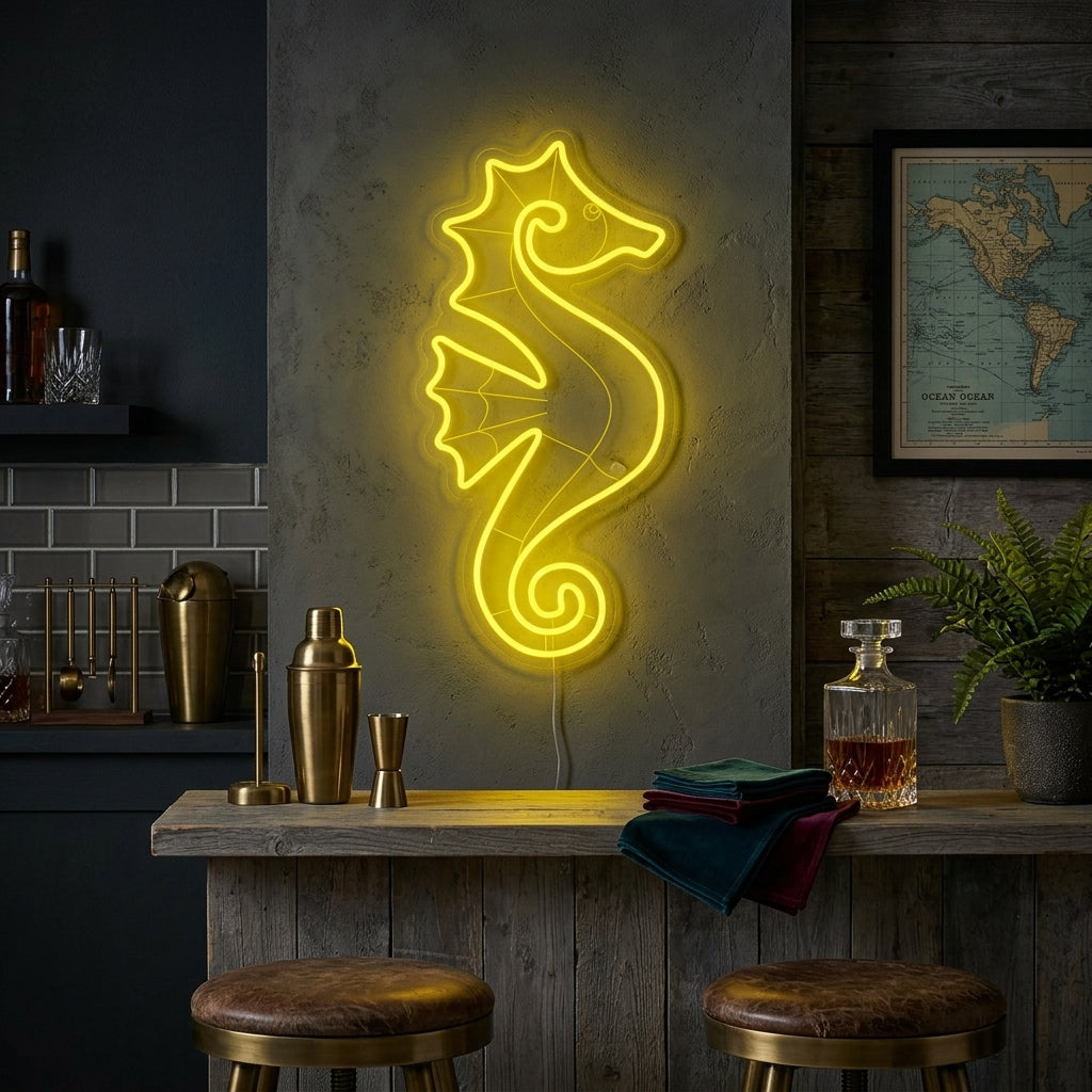 Glowing orange seahorse neon sign mounted on a textured wooden wall in a coastal-themed room.
