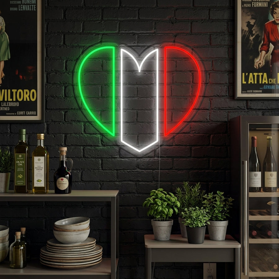 Flag of Italy in Heart Shape neon sign glowing red, white, and green on a textured wall in a home setting above a modern sofa