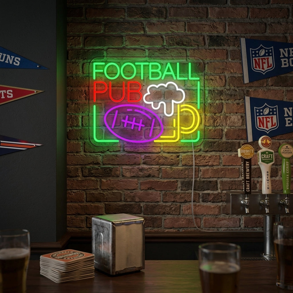 A glowing Football Beer Pub neon sign illuminates a cozy pub corner with warm light, adding character to the brick wall decor.