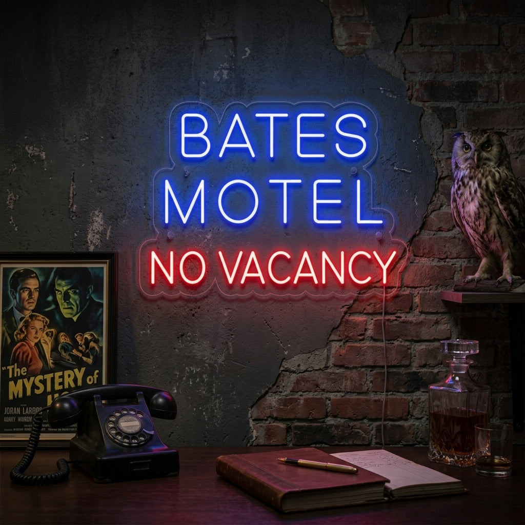 A glowing red and white Bates Motel No Vacancy neon sign is mounted on a textured brick wall, casting a soft glow in a dark, atmospheric room.
