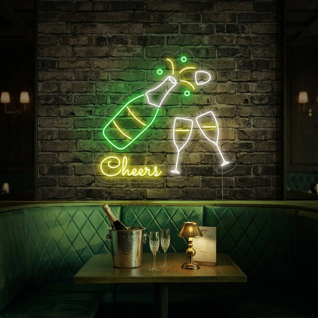 A custom 'Champagne Bottle Glasses Cheers' neon sign glowing on a textured brick wall above a styled home bar setup, illustrating a celebratory atmosphere.