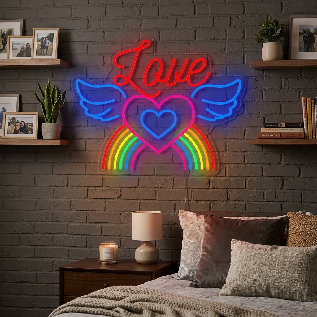 A lifestyle photo showing the 'LGBT Love Rainbow Wings' neon sign mounted above a bed in a warm bedroom setting.