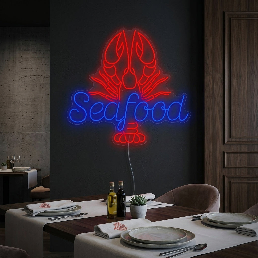 A glowing red lobster and orange seafood text neon sign hanging on a dark textured wall in a restaurant setting above a table with food.