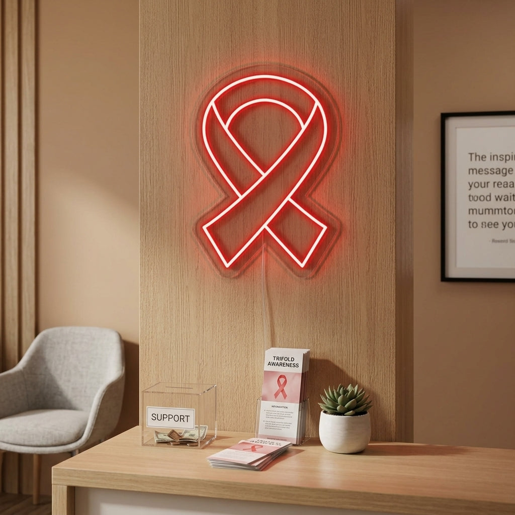 Artistic Ribbon neon sign glowing on a textured wall in a contemporary living space.