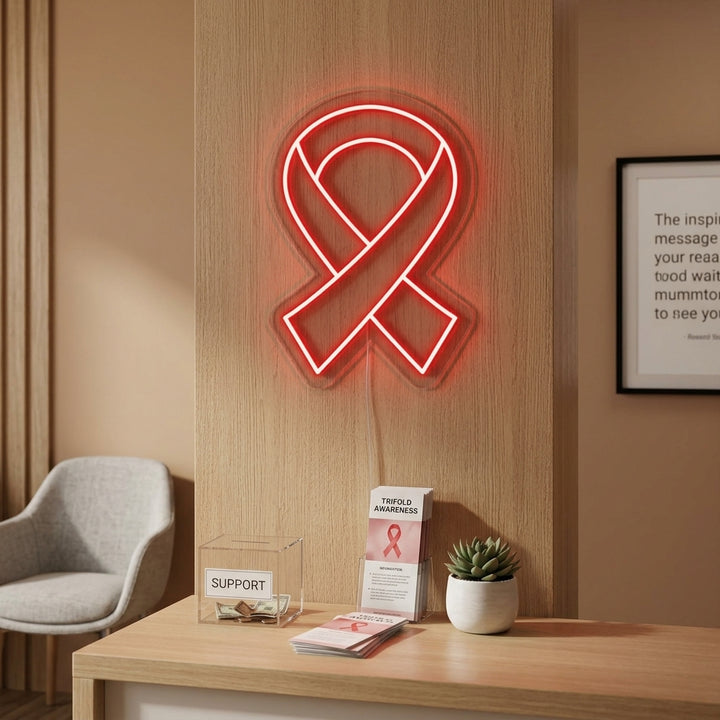Artistic Ribbon neon sign glowing on a textured wall in a contemporary living space.