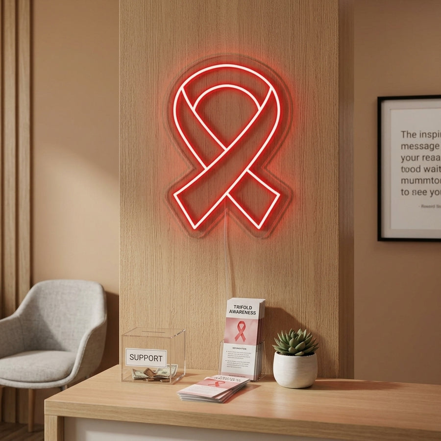 Artistic Ribbon neon sign glowing on a textured wall in a contemporary living space.