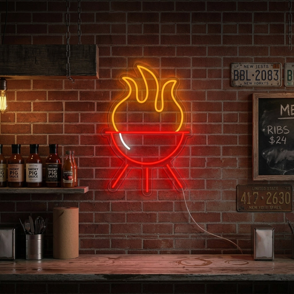 A glowing 'Barbecue Grill' neon sign depicting a smoky backyard grill, mounted on a brick wall in a busy casual restaurant setting.