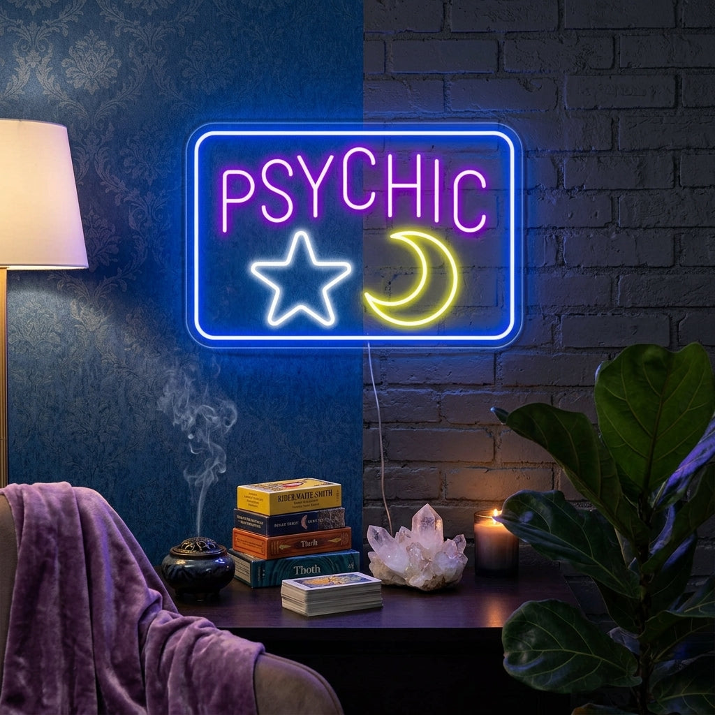 A vibrant glowing "Psychic" neon sign mounted on a brick wall inside a dimly lit clairvoyant's studio or spiritual storefront, illuminating the immediate area with a distinct warm glow.