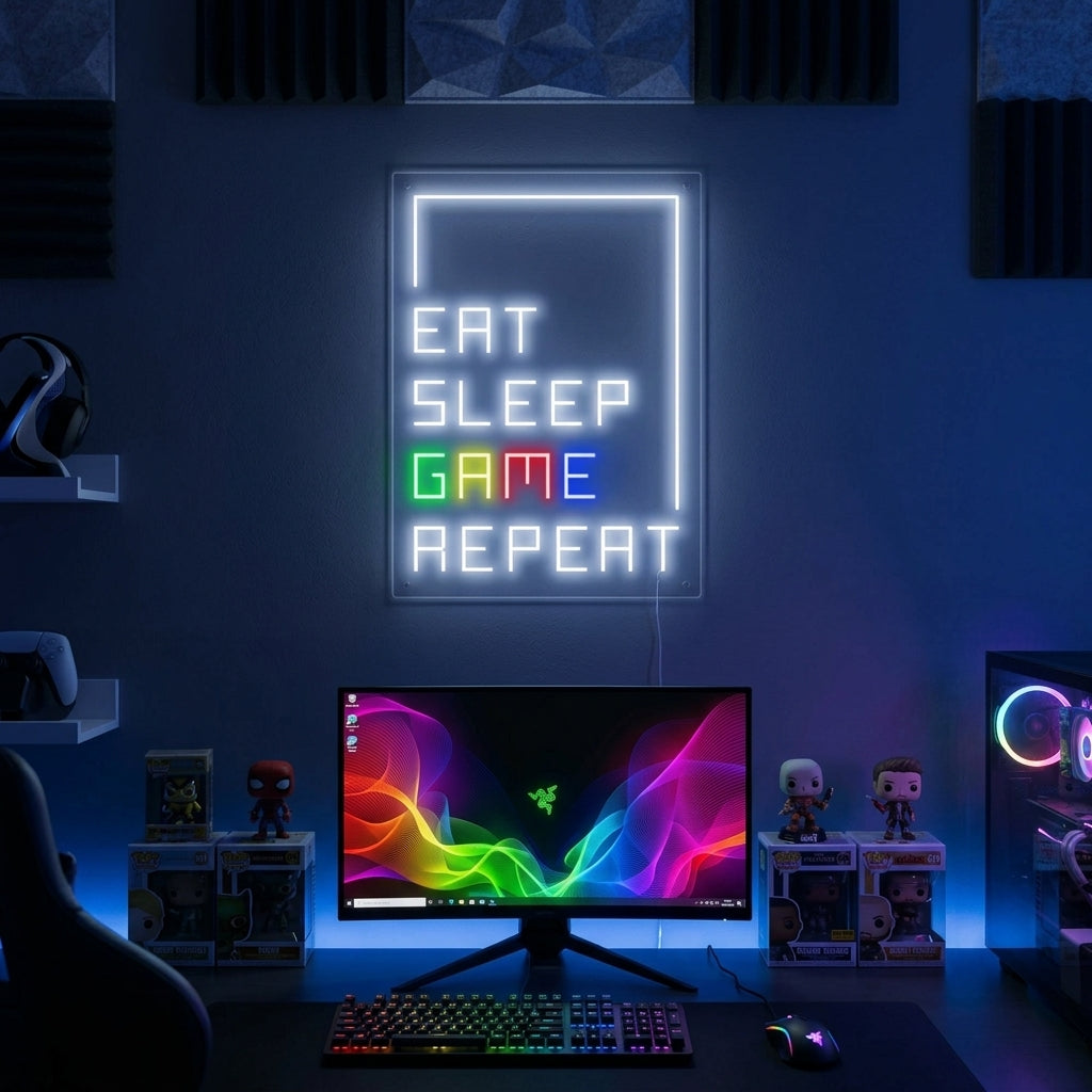Gamer's room with a vibrant neon sign on the wall that reads Eat Sleep Game Repeat in multiple glowing colors