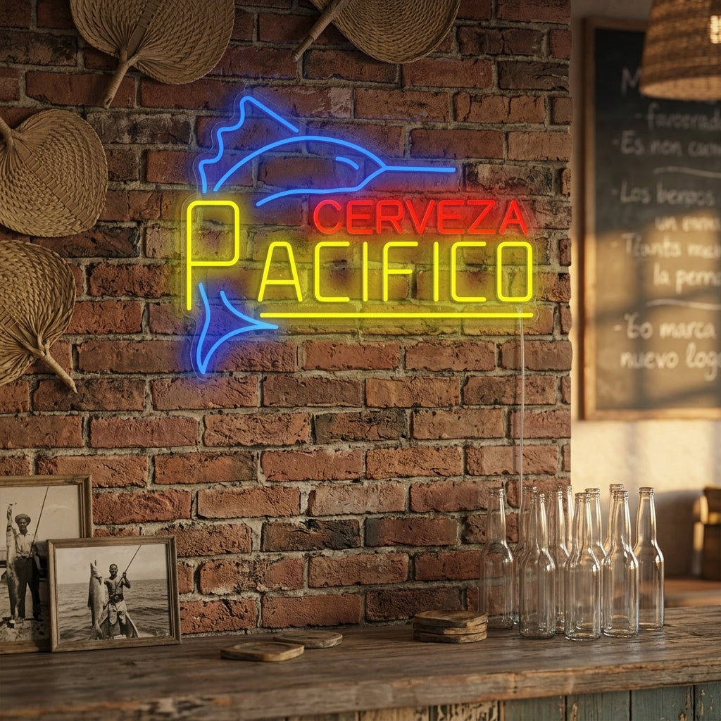 Cerveza Pacifico neon sign glowing yellow and red in a cozy bar setting, creating a warm ambiance.