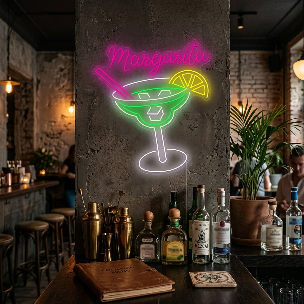 A vibrant green Margarita Neon Sign, stylized with a glass and 'Margarita' text, glowing on a dark wall in a cozy bar setting.