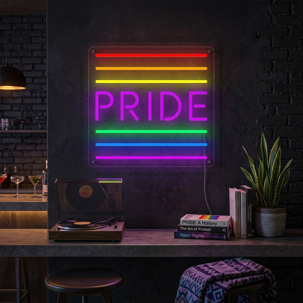 A vibrant 'LGBT Pride Rainbow Flag' neon sign glows with bright red, orange, yellow, green, blue, and purple stripes on a textured wall in a modern living space.