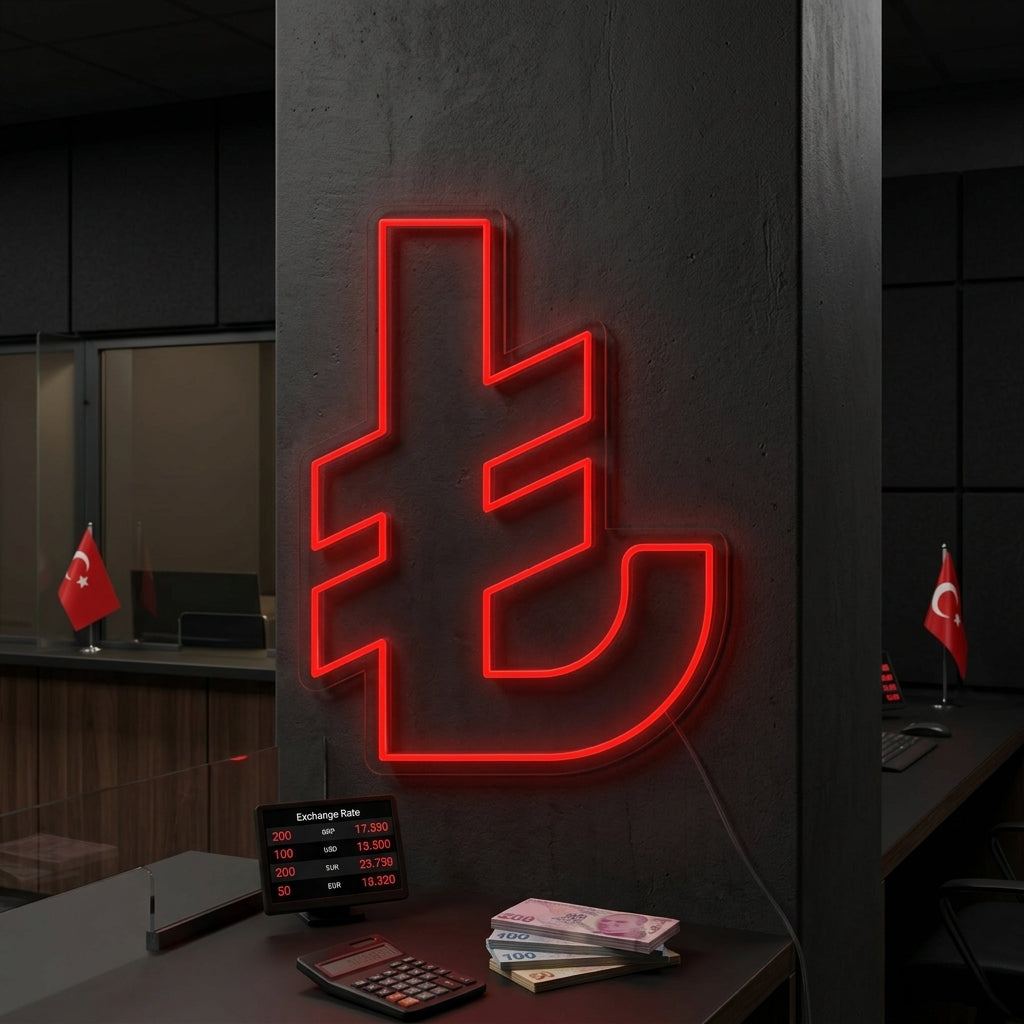 Turkish Lira symbol neon sign glowing on a brick wall in a modern room