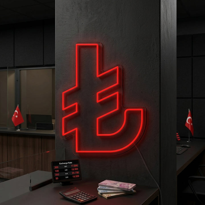 Turkish Lira symbol neon sign glowing on a brick wall in a modern room