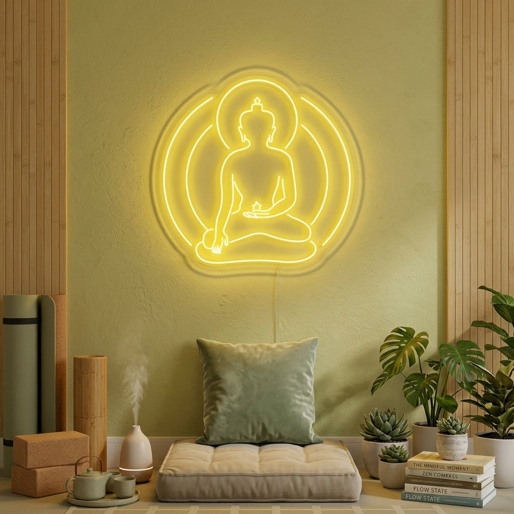 Buddha Yoga neon sign glowing softly on a textured wall in a peaceful meditation room setting.
