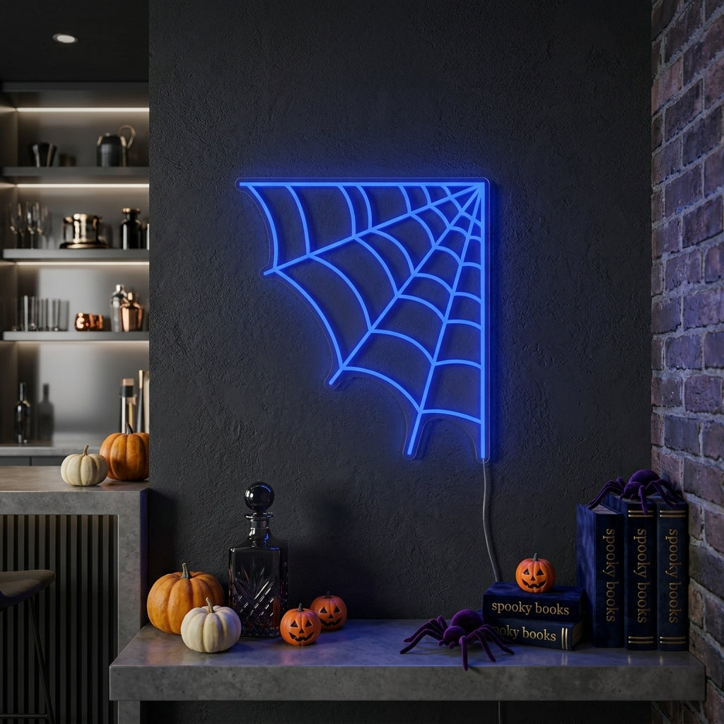 A glowing 'Halloween Spider Web' neon sign on a stone wall in a cozy room with Halloween decorations.